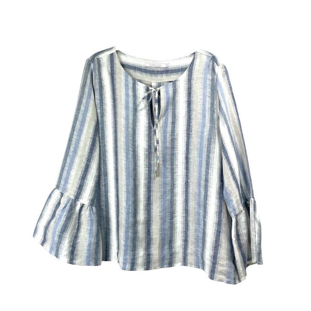 Lauren Vidal‎ bell sleeve striped 100% linen top blouse Size L cream blue boho